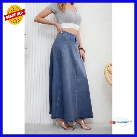 Retro High Waist Button Fly Flared Denim Maxi Skirt Pleated Swing - Picture 8 of 8